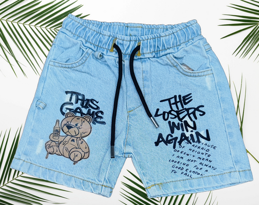 Pantaloncini Jeans Bambino con Orsetto e frasi Urban - Taglie da 6 mesi a 36 mesi- Made in Italy