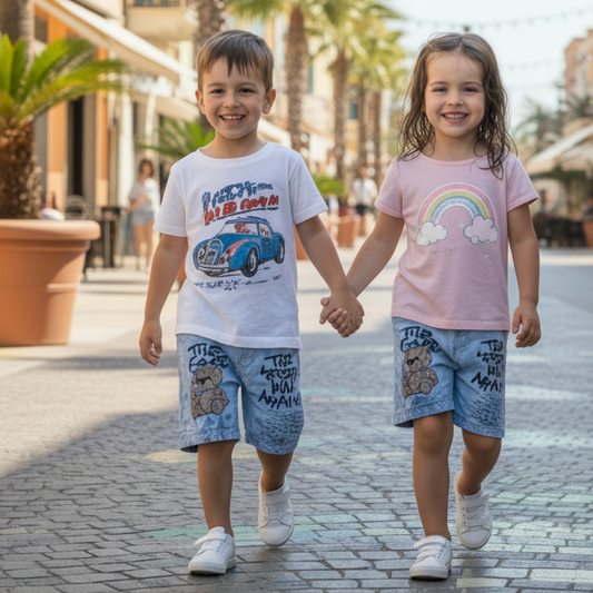 Pantaloncini Jeans Bambino con Orsetto e frasi Urban - Taglie da 6 mesi a 36 mesi- Made in Italy