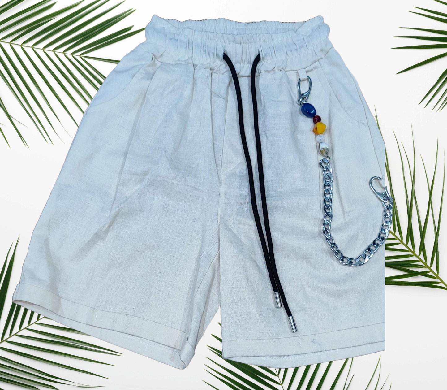 Pantaloncini Bambino in Lino con Catena - Taglie da 4 a 14 anni - Made in Italy _ Disponibili in Beige, Celeste e Nero