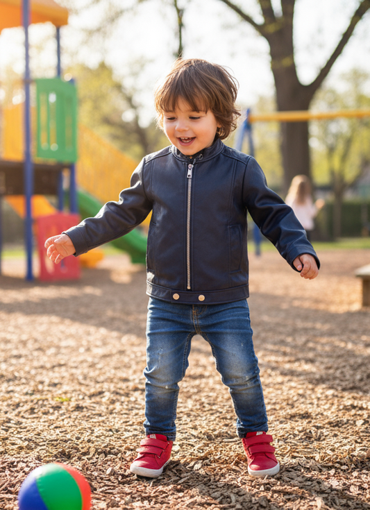 Giacchetto bambino in similpelle nero stile biker con zip frontale e colletto coreana, disponibile taglie 4-14 anni
