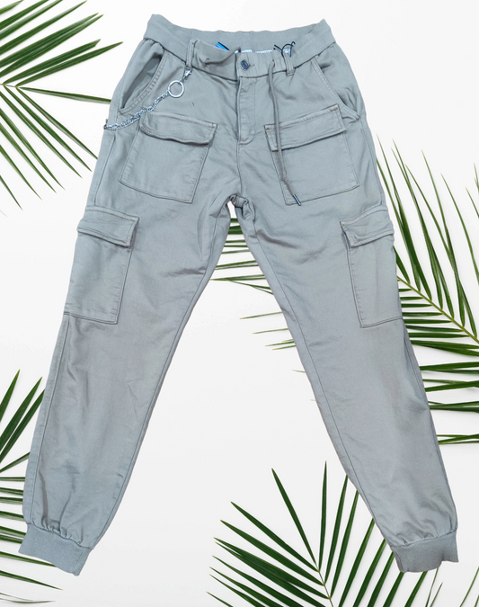 Pantalone Cargo Uomo Beige con Elastico in Vita e alla Caviglia e Bottone alla vita