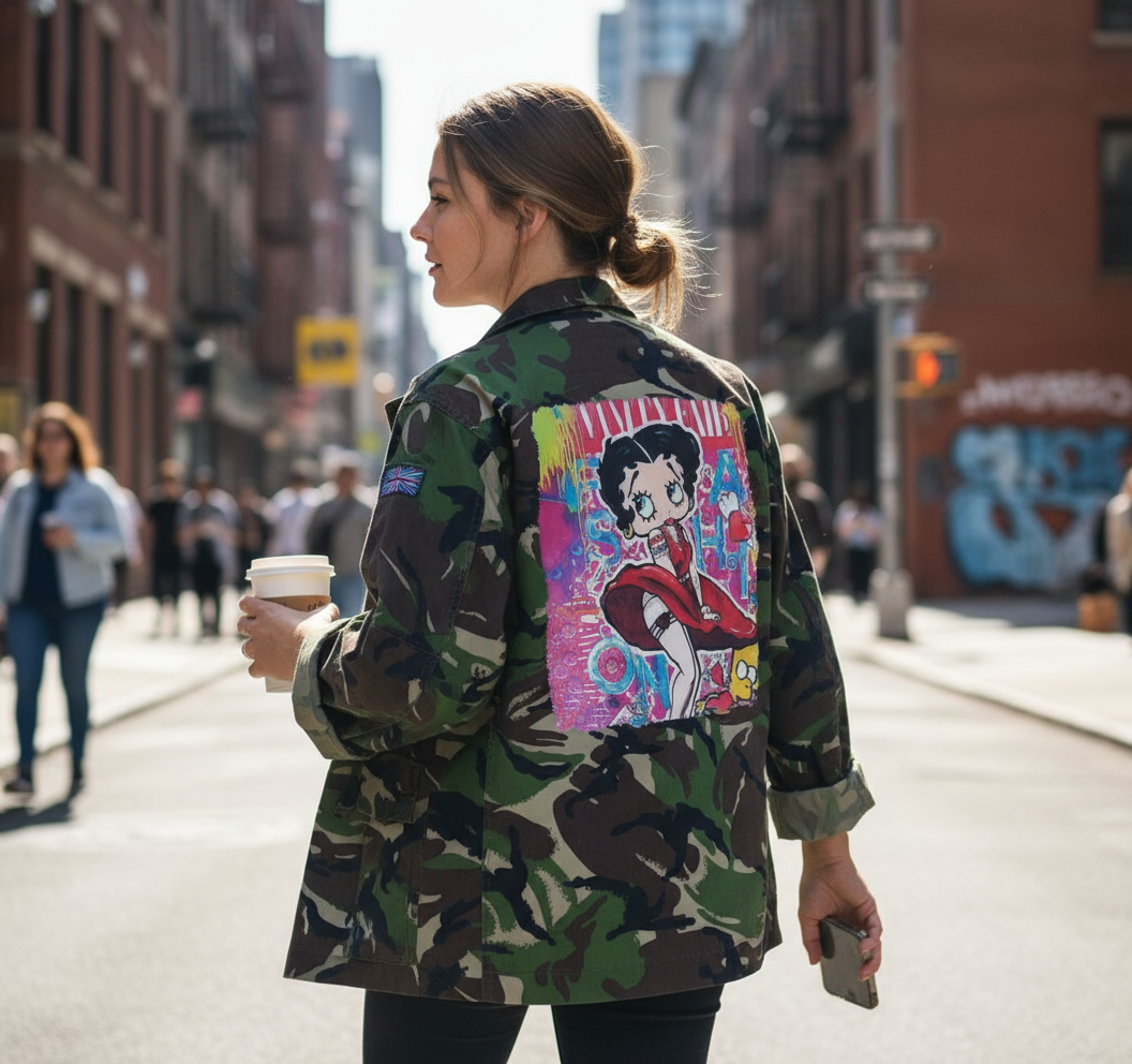Giacca Militare Camouflage Donna con Stampa Pop Art di Betty Boop – Streetwear Artistico e Urban Style
