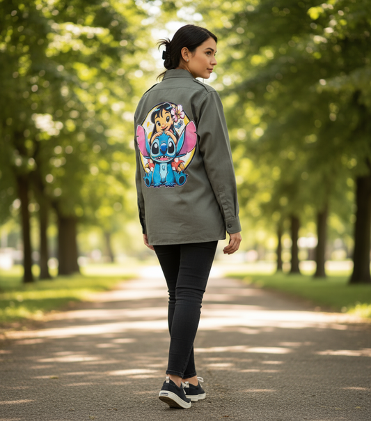 Camicia Militare Verde Unisex con Stampa Pop Art Lilo & Stitch – Streetwear Creativo e Cartoon Style