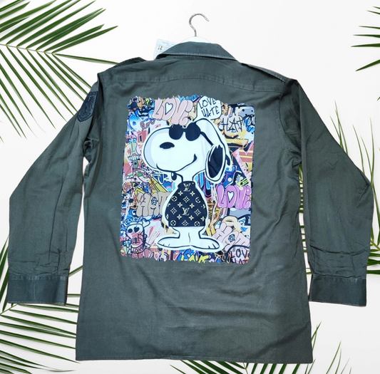 Camicia Militare Unisex con Stampa Pop Art Snoopy – Stile Streetwear Luxury Graffiti