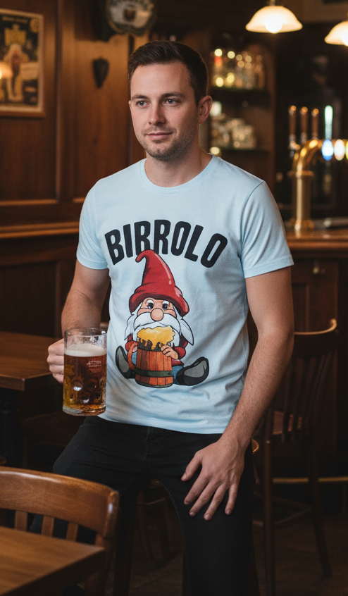 T-Shirt In Cotone Made In Italy – Stampa Gnomo Birrolo Divertente XS-XXXL