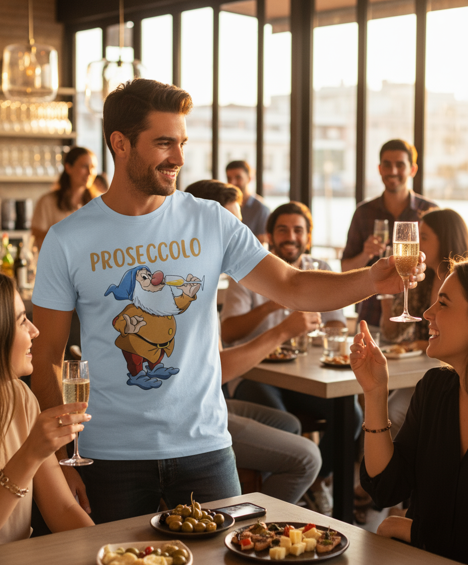 T-Shirt in Cotone Made in Italy – Gnomo Proseccolo Grafica Ironica XS-XXXL