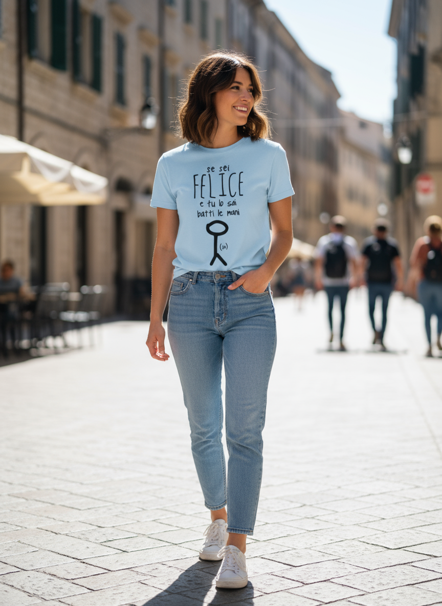 Maglietta Donna Se Sei Felice e Tu Lo Sai Batti le Mani – T-Shirt Divertente Made in Italy XS-XXXL