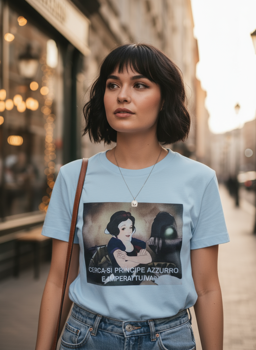 Maglietta Donna Bianca Umoristica Cercasi Principe Azzurro – Made in Italy XS-XXXL