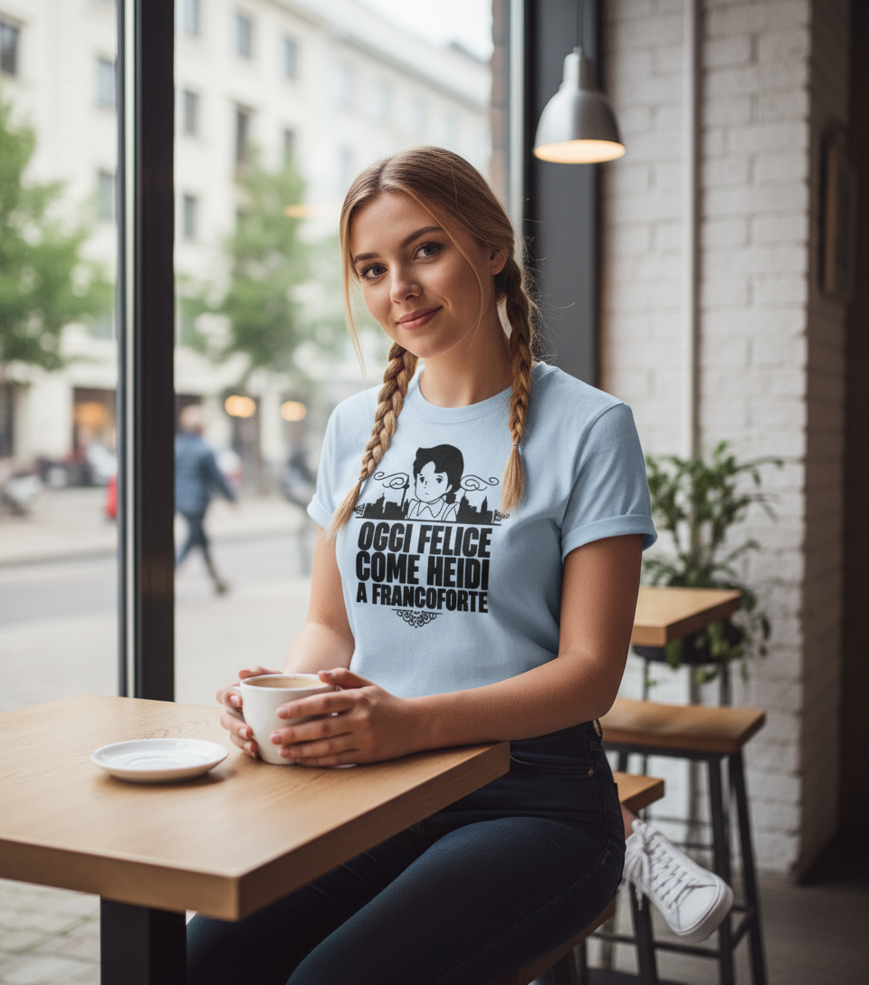 Maglia Donna Bianca Heidi – T-shirt Grafica Oggi Felice Come Heidi a Francoforte XS-XXXL