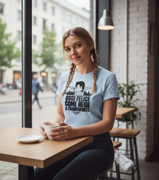 Maglia Donna Bianca Heidi – T-shirt Grafica Oggi Felice Come Heidi a Francoforte XS-XXXL