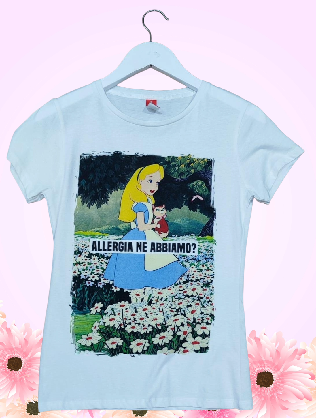 Maglietta Donna Bianca Stampa Ironica – “Allergia ne abbiamo?”