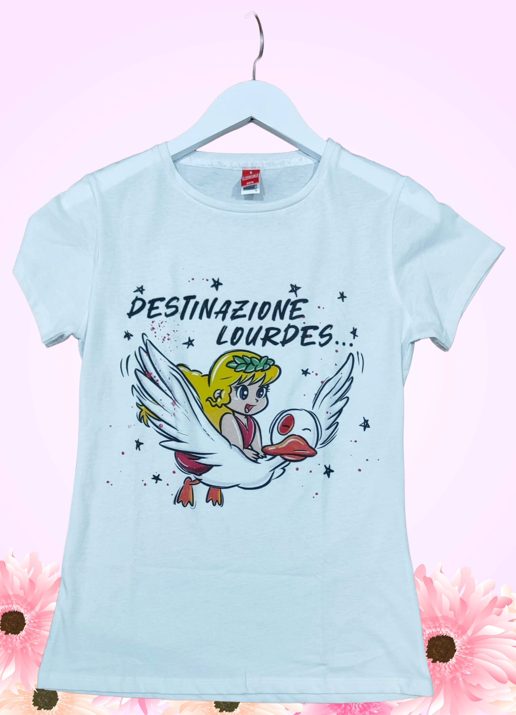 Maglietta Donna Bianca Pollon – Stampa Divertente “Destinazione Lourdes”