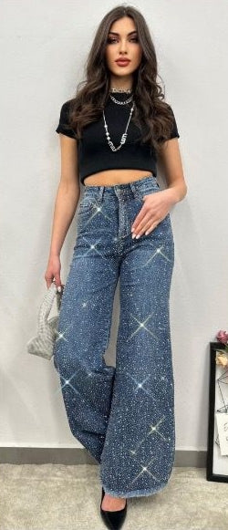 Jeans Donna a Zampa con Strass Brillanti – Denim Elegante Taglie XS-L