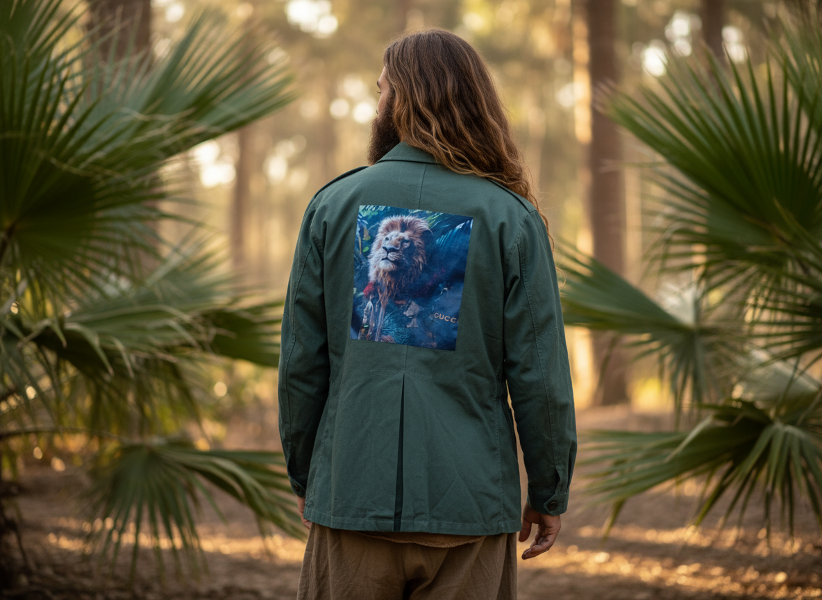 Giacca Militare Vintage Verde con Stampa Leone Jungle – Unisex.