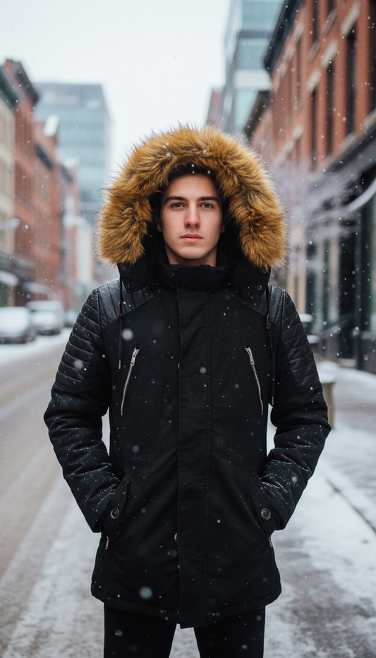 Parka Uomo Invernale con Cappuccio e Inserti in Ecopelle – Street Style