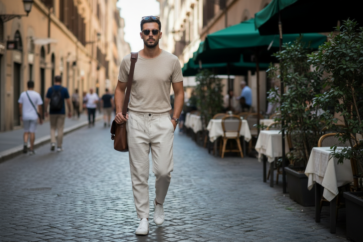 Pantalone uomo lino beige con coulisse Made in Italy – vestibilità comoda S-XXXL