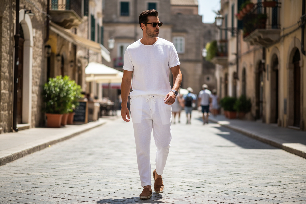 Pantalone uomo lino bianco con coulisse Made in Italy – leggero e traspirante