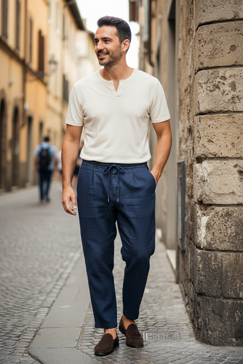 Pantalone uomo lino blu notte con coulisse Made in Italy – dettaglio vita elastica