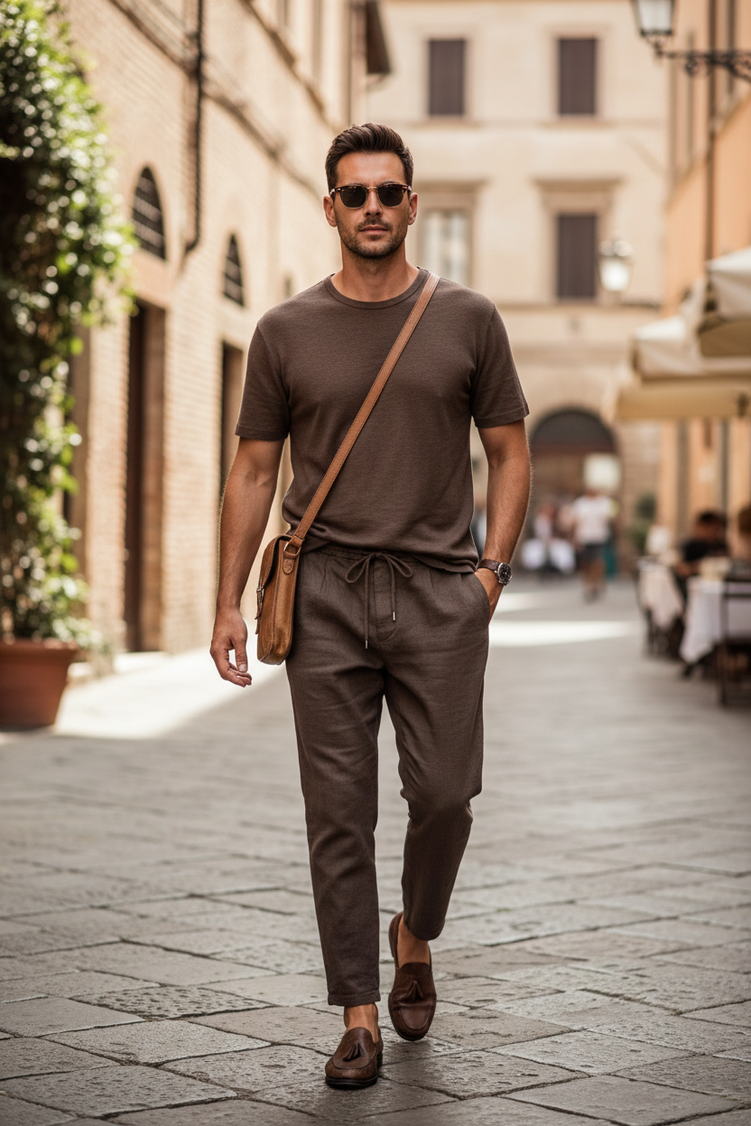 Pantalone uomo lino marrone con coulisse Made in Italy – pantalone casual uomo