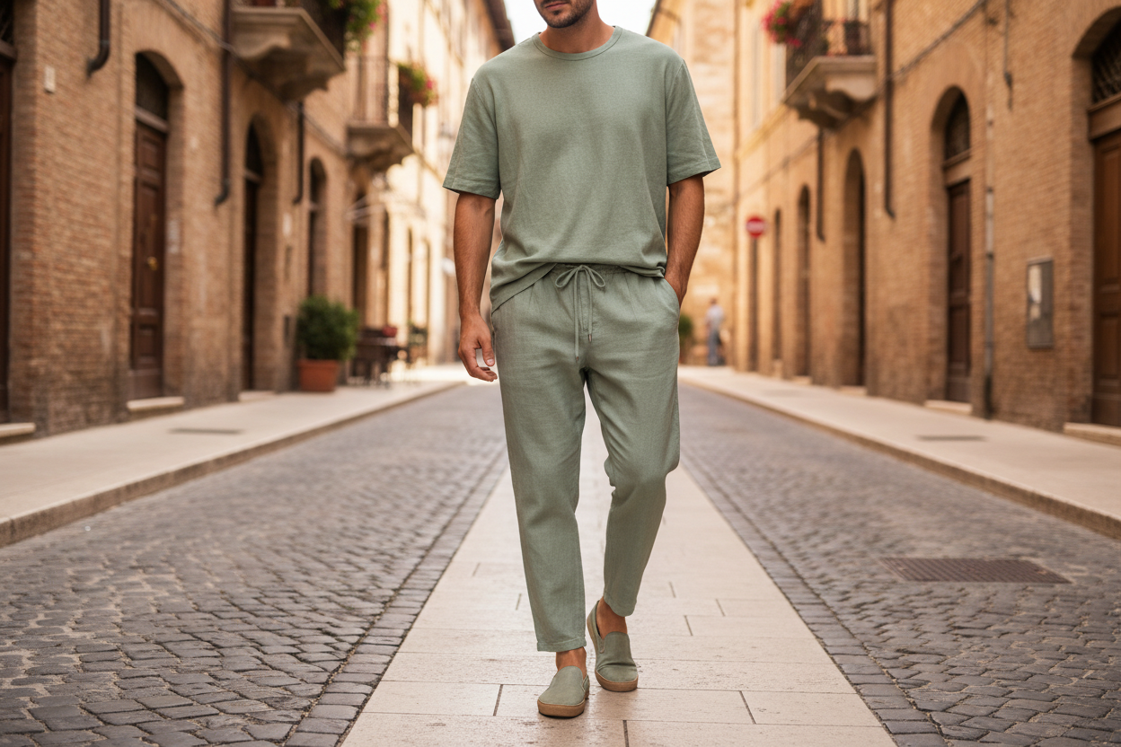 Pantalone uomo lino verde salvia con coulisse Made in Italy – pantalone estivo