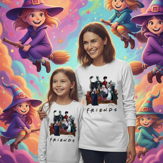 Maglia Manica Lunga Made in Italy con Stampa FRIEND - Compagnia delle Cattive Walt Disney | Colori Bianco e Nero | Taglie da 1/2 Anni a XXXL