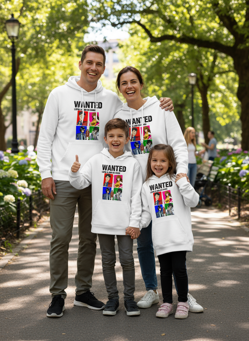 Felpa Cappuccio Lupin e la sua Banda – Bianco/Nero Adulto / Bianco/Grigio Bambino