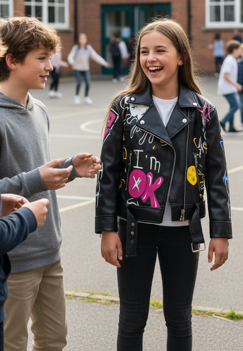 Giacca chiodo da Bambina in similpelle nera con disegni
