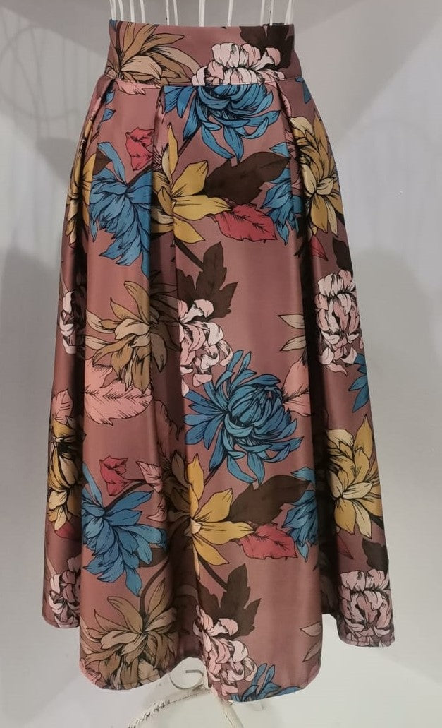 Gonna Invernale Made in Italy Rosa Antico con Stampa Floreale Multicolore