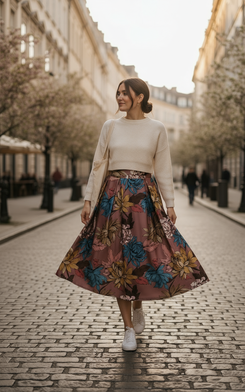 Gonna Invernale Made in Italy Rosa Antico con Stampa Floreale Multicolore