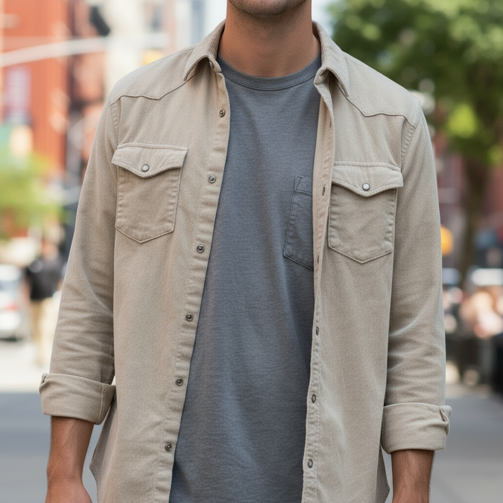 Camicia Bianca in  Velluto a Costine Sottili con Colletto Coreano