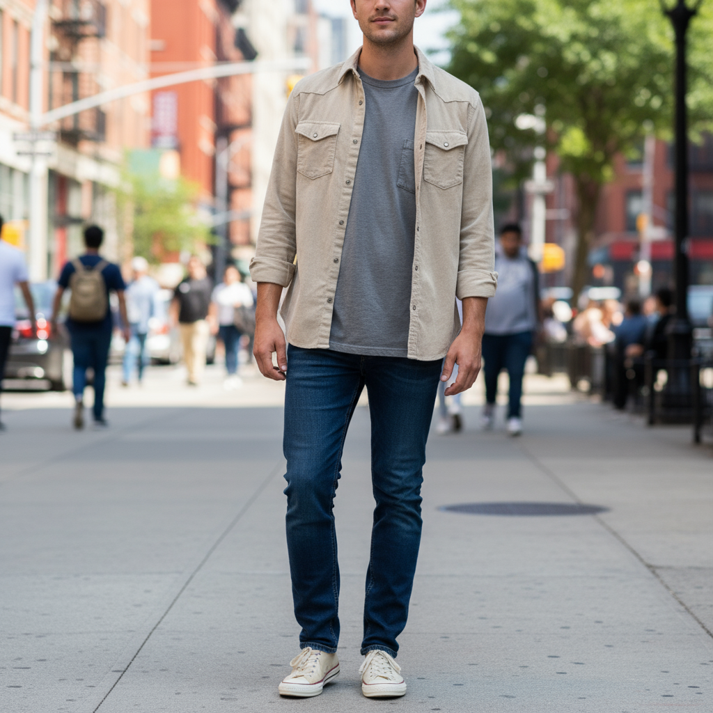 Camicia Bianca in  Velluto a Costine Sottili con Colletto Coreano