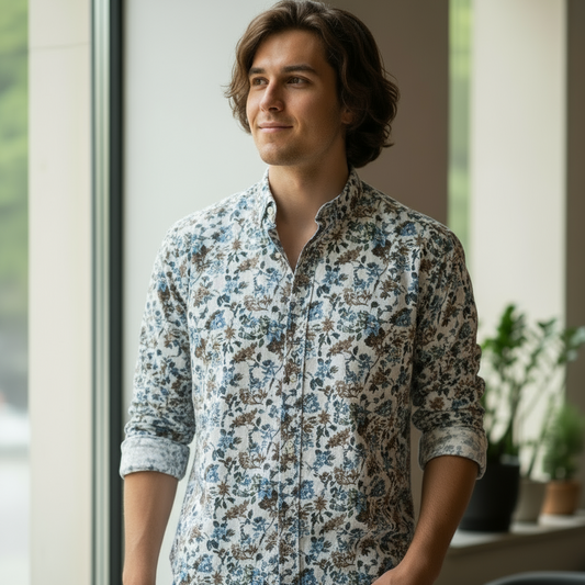 Camicia Uomo Collo Coreano Bianca – Fantasia Floreale Elegante