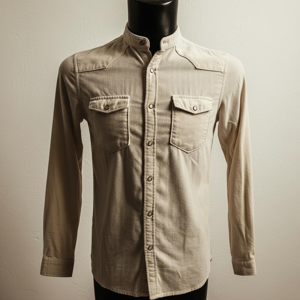 Camicia Bianca in  Velluto a Costine Sottili con Colletto Coreano