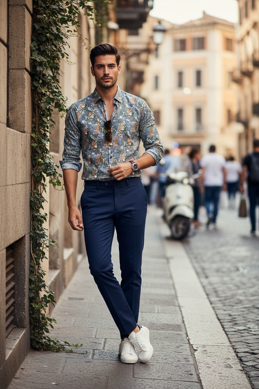 Camicia Uomo in Cotone Grigia – Fantasia Pixelated Blu