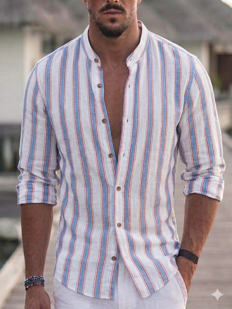 Camicia in lino uomo a righe bianco e celeste con colletto alla coreana Made in Italy – I Narcisi