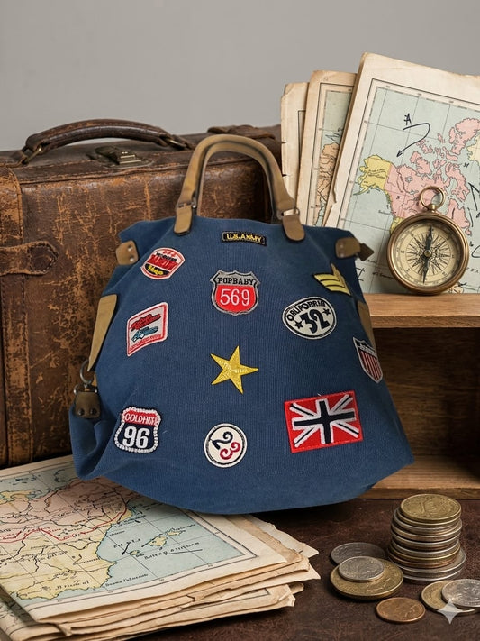 Borsa in Tessuto con Patch – Blu e Grigio