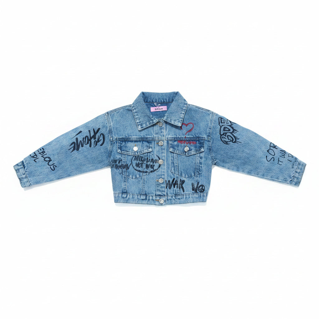 Giacca Jeans Corto con Stampe per Bambina – Made in Italy