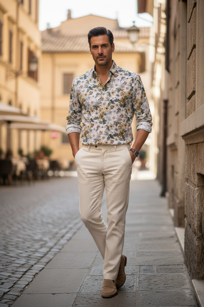 Camicia uomo floreale beige Made in Italy – Tessuto leggero primavera estate | I Narcisi

