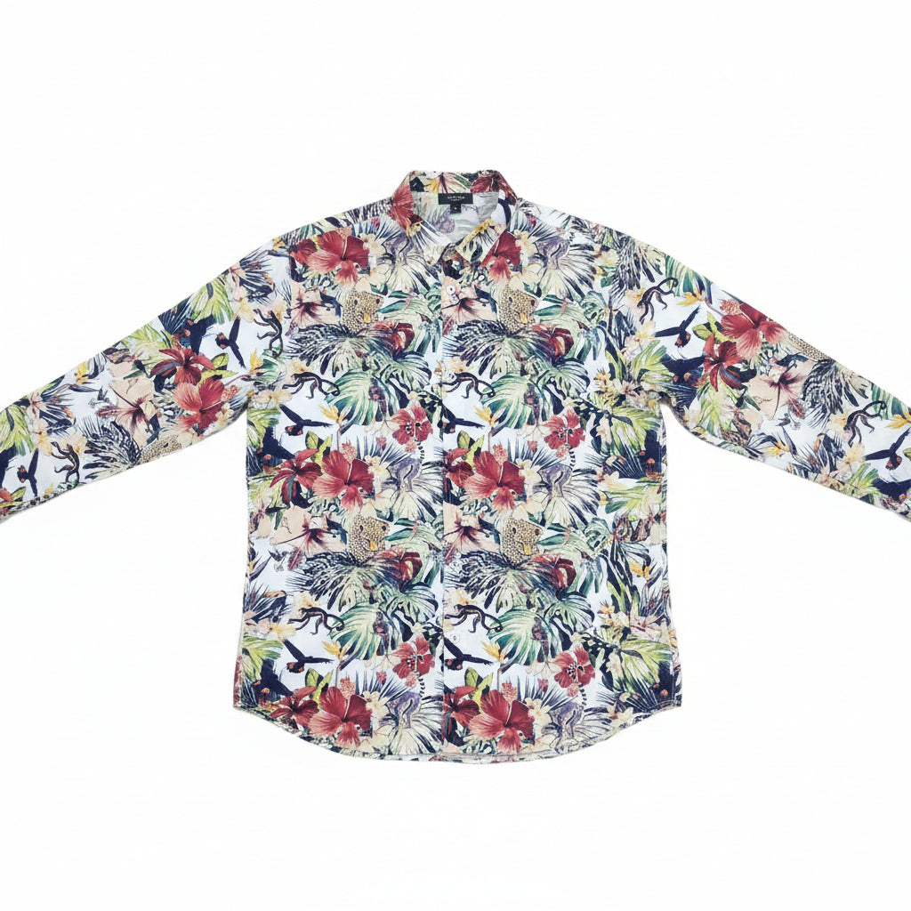 Camicia Uomo Collo Coreano – Viscosa Fondo Bianco Stampa Tropicale Made in Italy