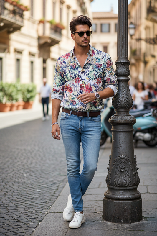 Camicia Uomo Collo Coreano – Viscosa Fondo Bianco Stampa Tropicale Made in Italy