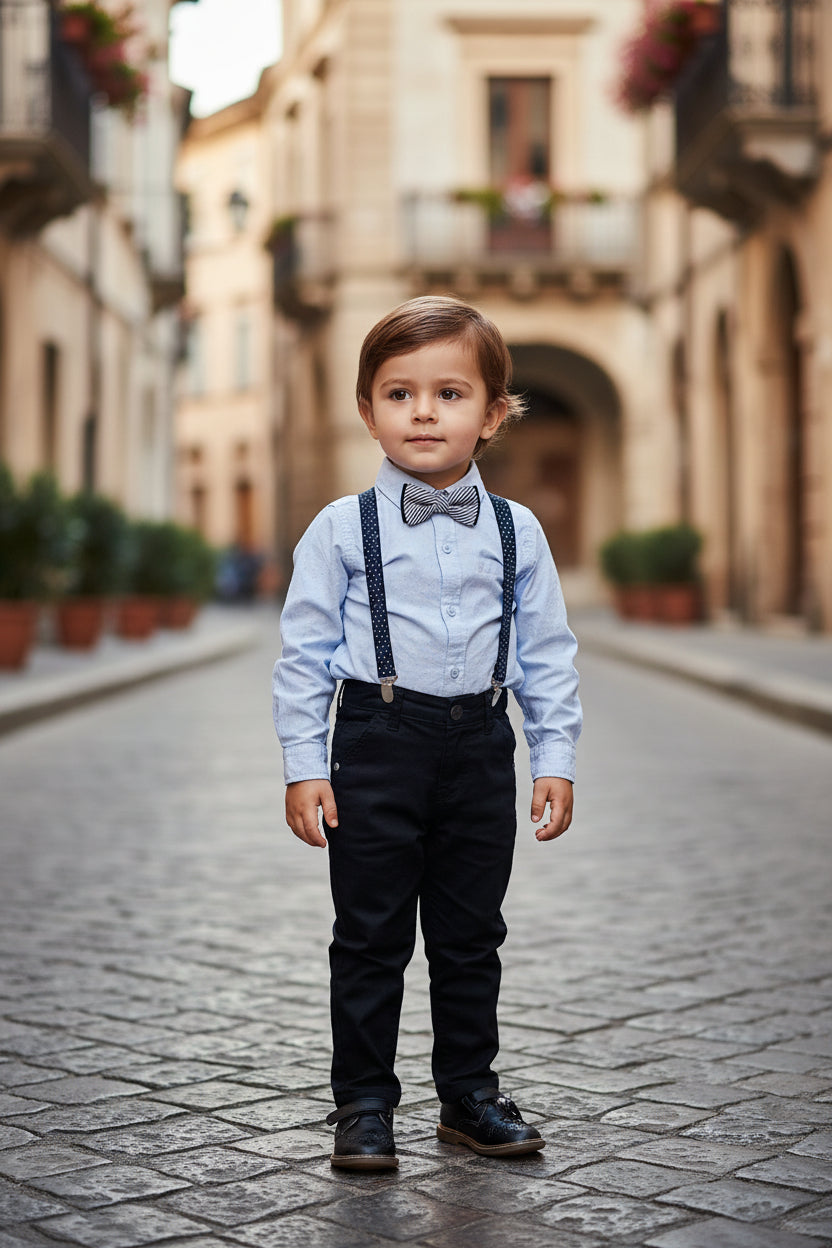 Completo Bambino Camicia Pantalone Bretelle Blu Marrone 4-14 Anni Cerimonie
