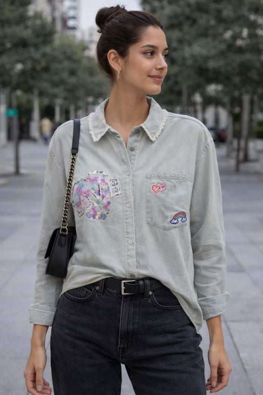 Camicia Jeans Donna con Patch Decorative Made in Italy