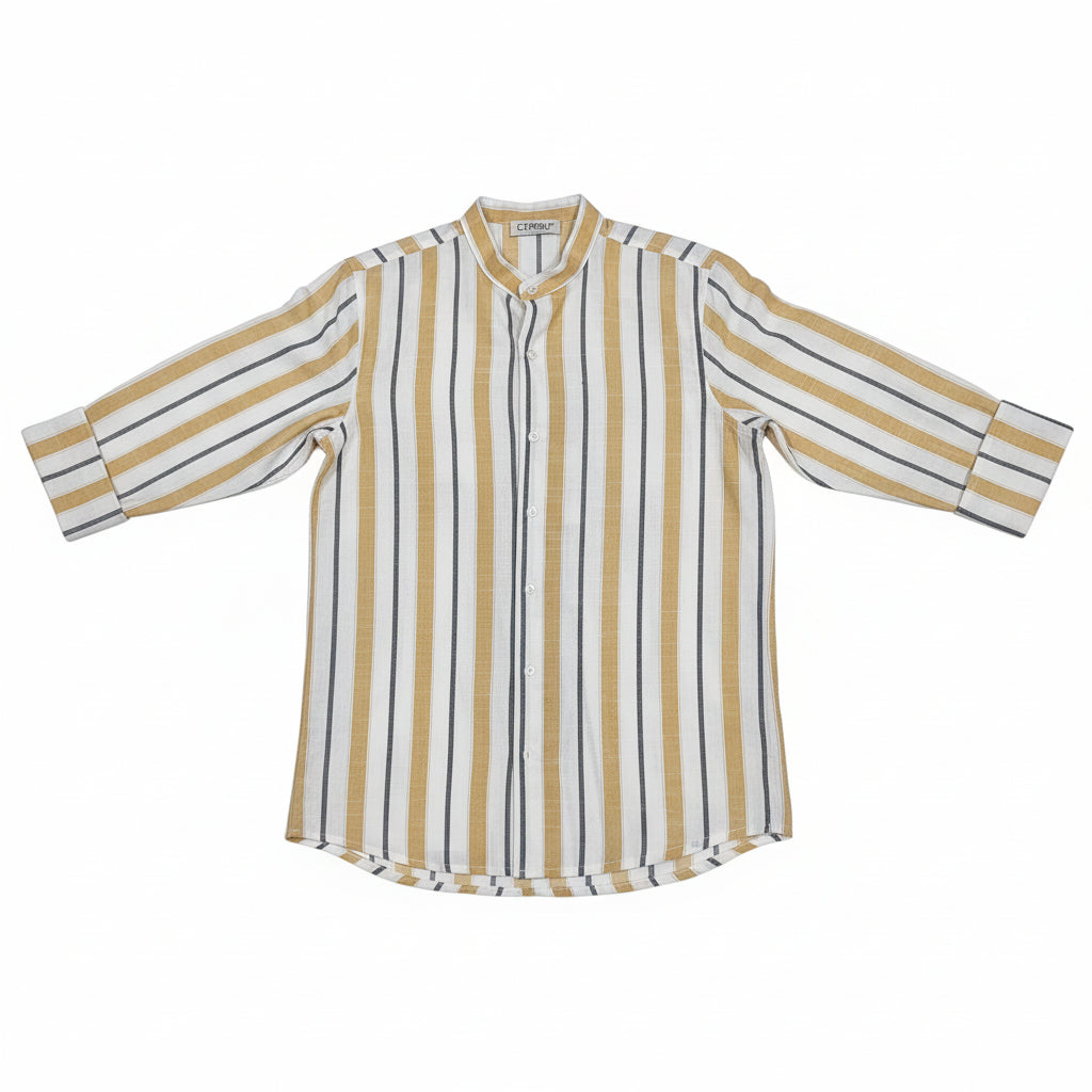 Camicia in Lino Uomo a Righe Giallo Senape Made in Italy – Colletto Coreana | I Narcisi