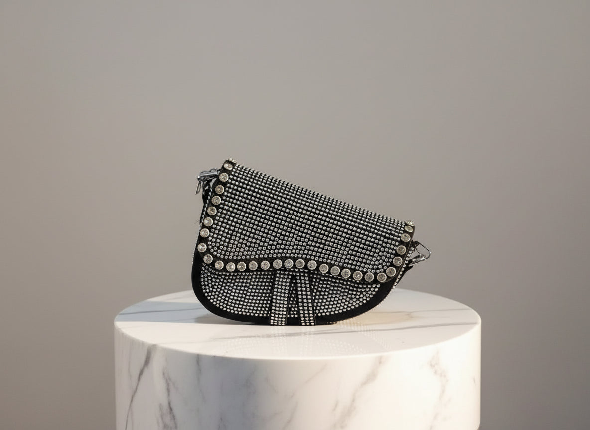 Borsa a Tracolla Nera Saddle Bag con Strass - Eleganza Serale
