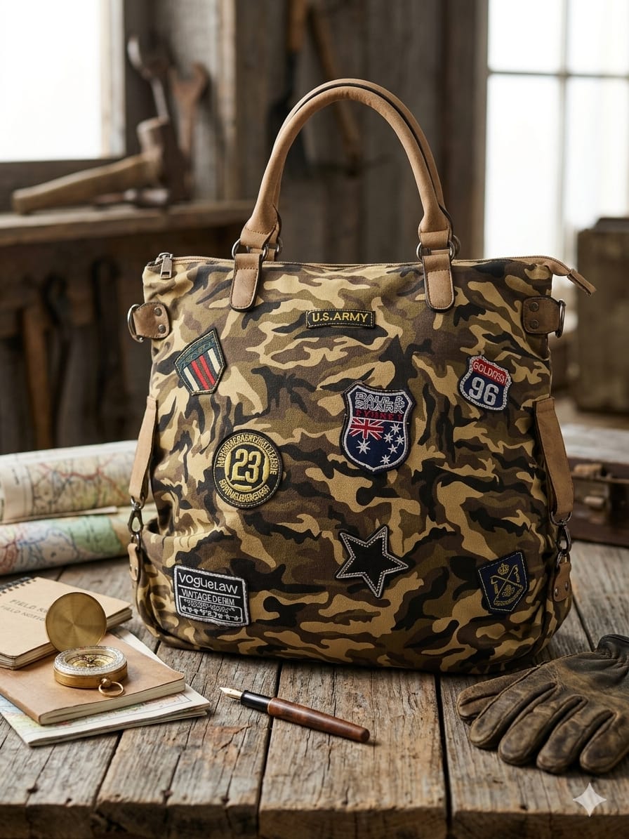 Borsa in Tessuto con Patch – Mimetico e Mimetico Chiaro