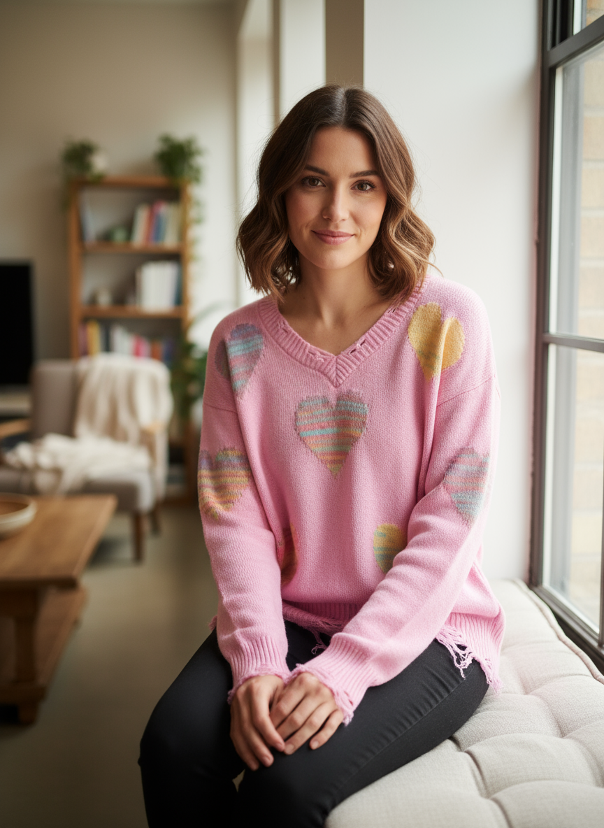 Maglione Rosa Donna Cuori Colorati Orlo Sfilacciato – Romantico Trendy