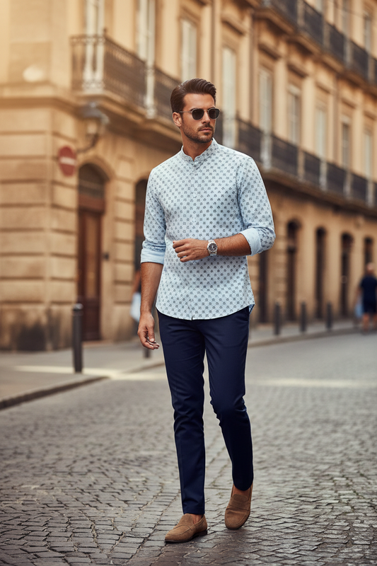 Camicia Uomo in Cotone Azzurro – Microfantasia e Collo Coreano