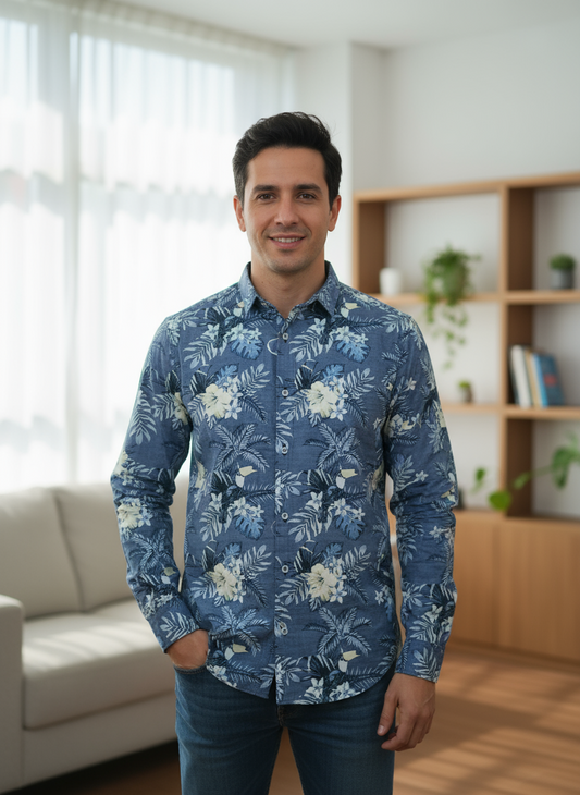 Camicia uomo in cotone con collo coreano e fantasia tropicale – Made in Italy – Taglie S-XXL