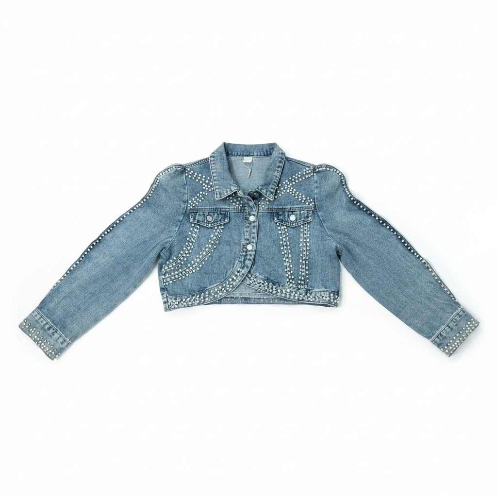 Giacchetto Corto Jeans Donna con Strass e Perle – Made in Italy