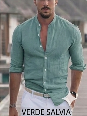 Camicia in lino uomo verde salvia colletto alla coreana – Made in Italy, laccetto per manica, stile estivo elegante
